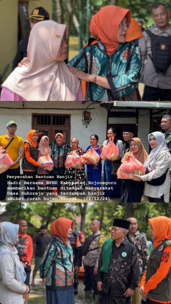 Penyerahan bantuan oleh Ibu Nurul Azizah BPBD dan Ketua MUI Bojonegoro untuk korban Banjir bandang