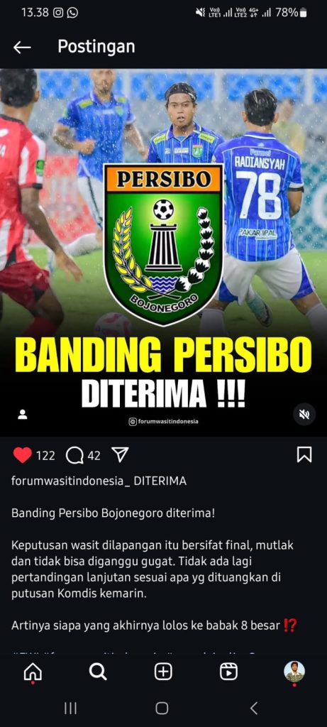 Banding PERSIBO Bojonegoro atas Gugatan yang dilakukan oleh DELTRAS Sidoarjo SAH DiTerima!!!